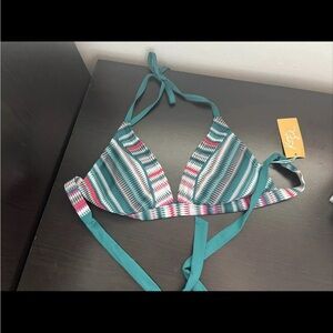 LG (12-14) Women's Floral Triangle Bikini Tie Back Top KONA SOL Striped Blue NWT